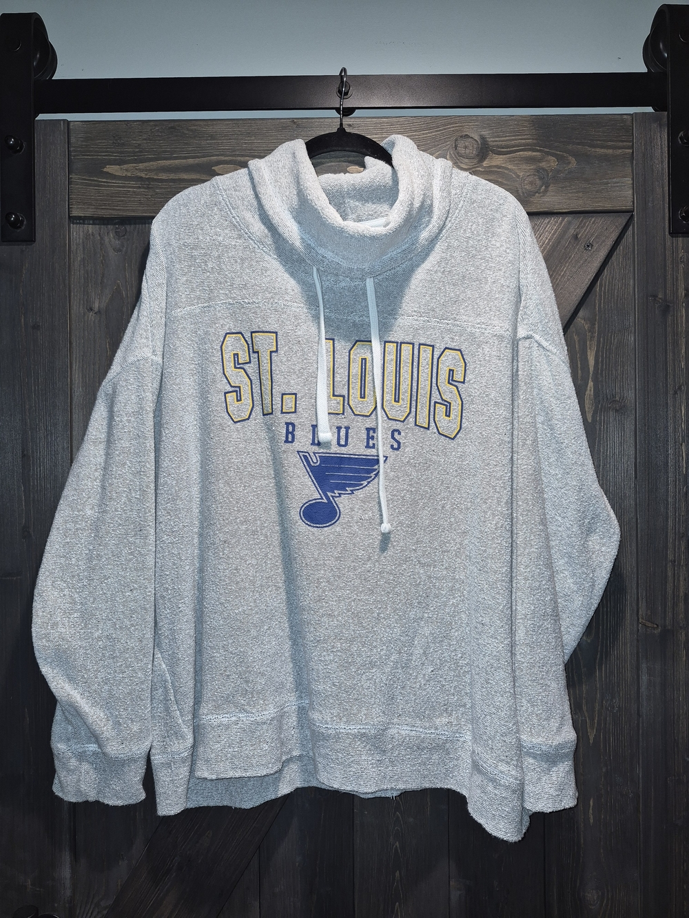 NHL St. Louis Blues Light Gray Cowl Neck Pullover with Blue and Gold Logo